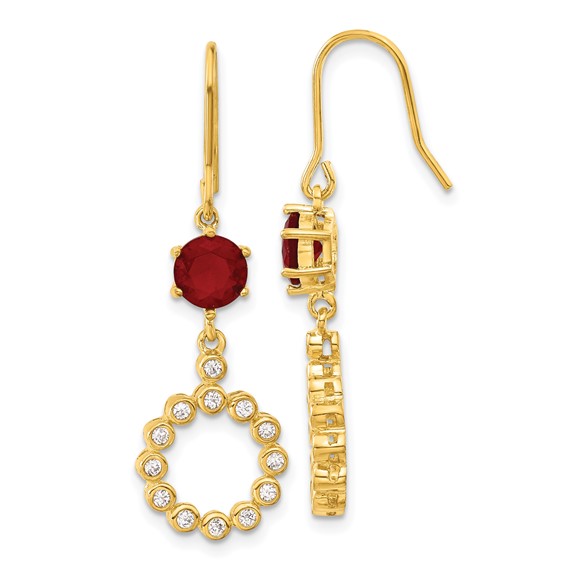 Sterling Silver & Gold-plated CZ & Red Glass Circle Dangle Earrings