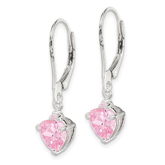 Sterling Silver Polished Pink CZ Heart Leverback Dangle Earrings