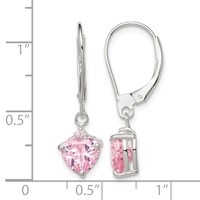 Sterling Silver Polished Pink CZ Heart Leverback Dangle Earrings view 4