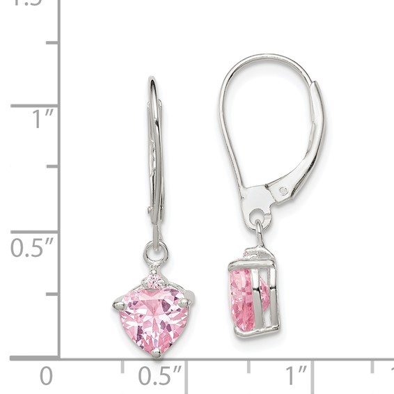 Sterling Silver Polished Pink CZ Heart Leverback Dangle Earrings