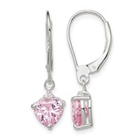 Sterling Silver Polished Pink CZ Heart Leverback Dangle Earrings view 1