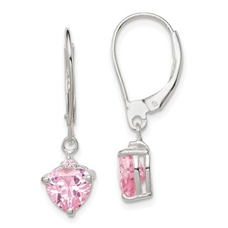 Sterling Silver Polished Pink CZ Heart Leverback Dangle Earrings