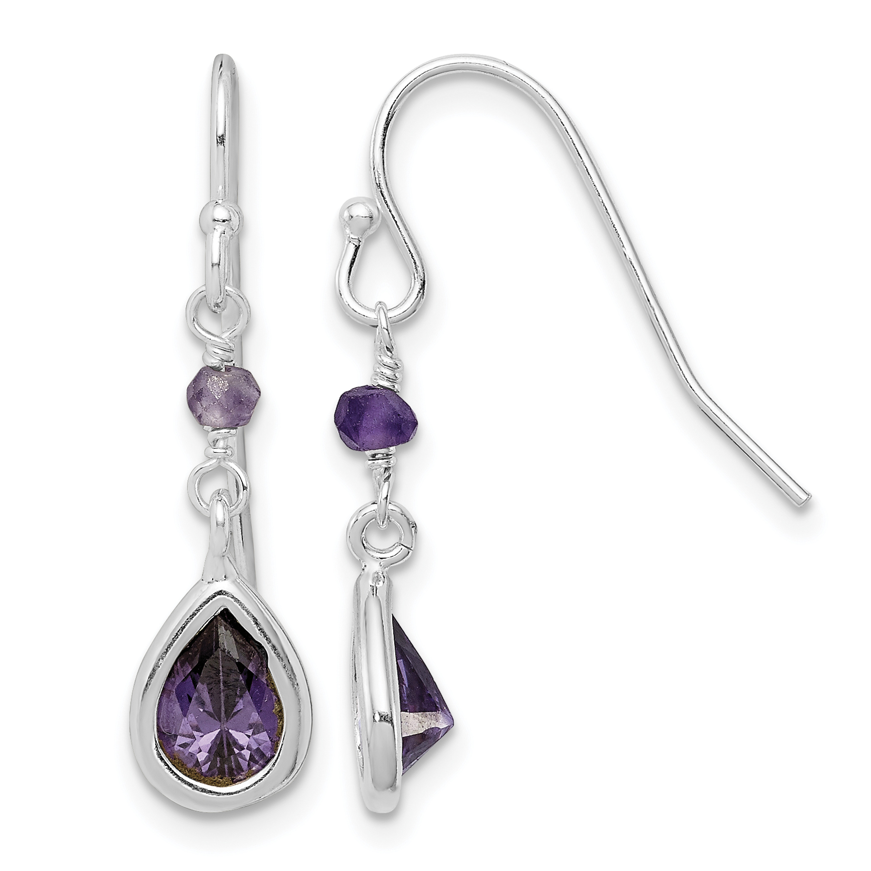 Sterling Silver Rhodium-plated Polish Purple CZ Teardrop Dangle Earrings (QE9439)