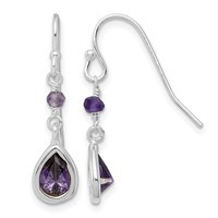 Sterling Silver Rhodium-plated Polish Purple CZ Teardrop Dangle Earrings view 1