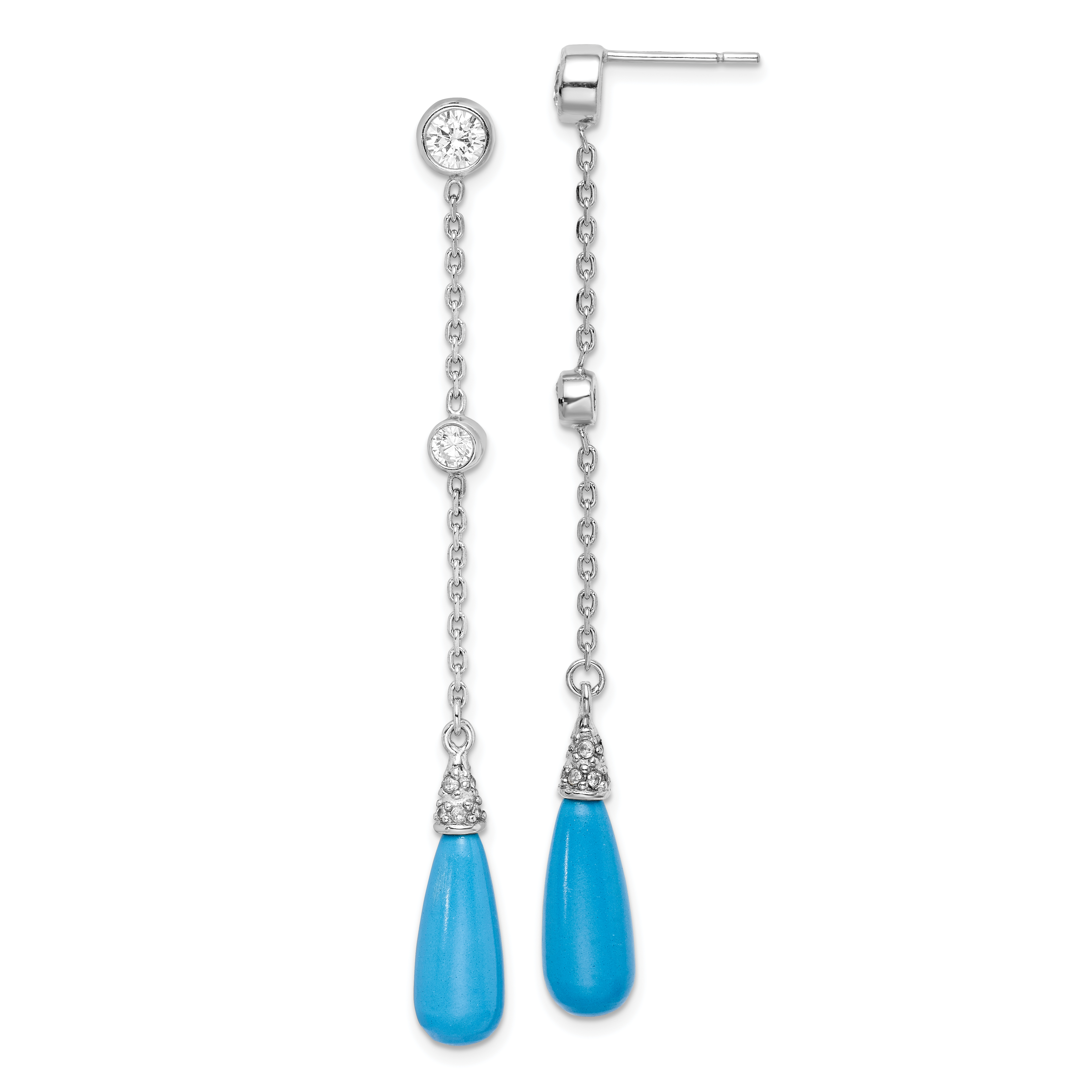 Sterling Silver Rhodium-plated Turquoise and CZ Post Dangle Earrings (QE9442)