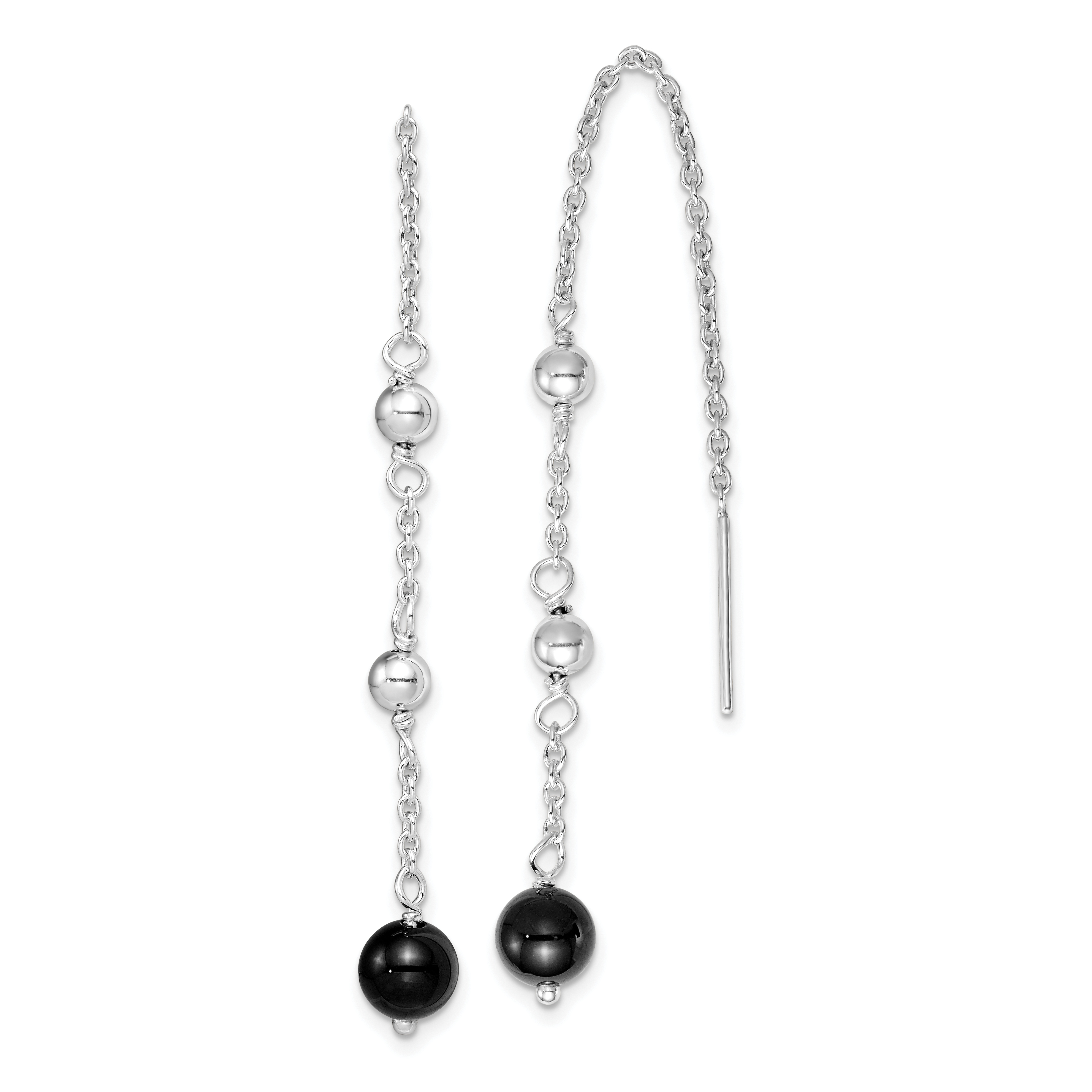Sterling Silver RH-plated Polished & Beaded Black Onyx Threader Earrings (QE9446)