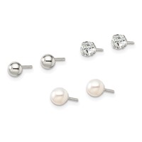 Sterling Silver Post 3pc Stellux Crystal and Fwc Pearl Post Earring Set view 2