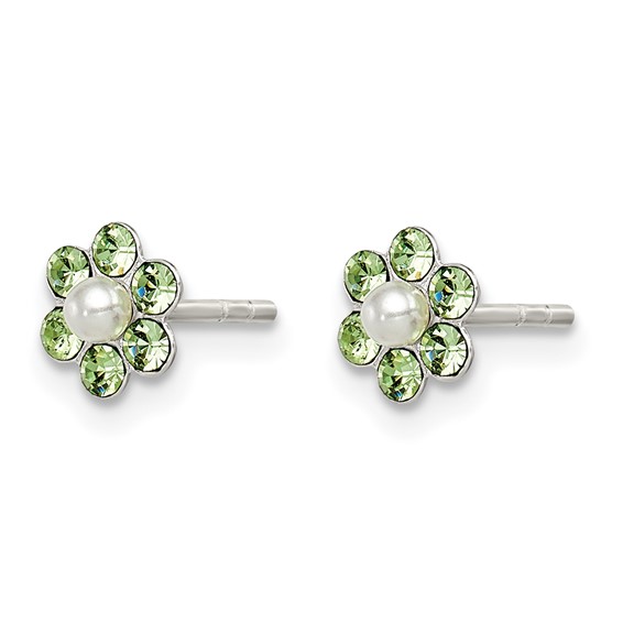 Sterling Silver Polished Children's Stellux Crystal & Imitation Pearl Flower Post Earring Set