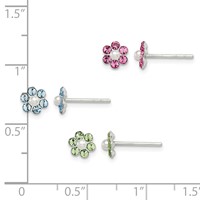 Sterling Silver Polished Stellux Crystal & Imitation Pearl Flower Post Earring Set view 3