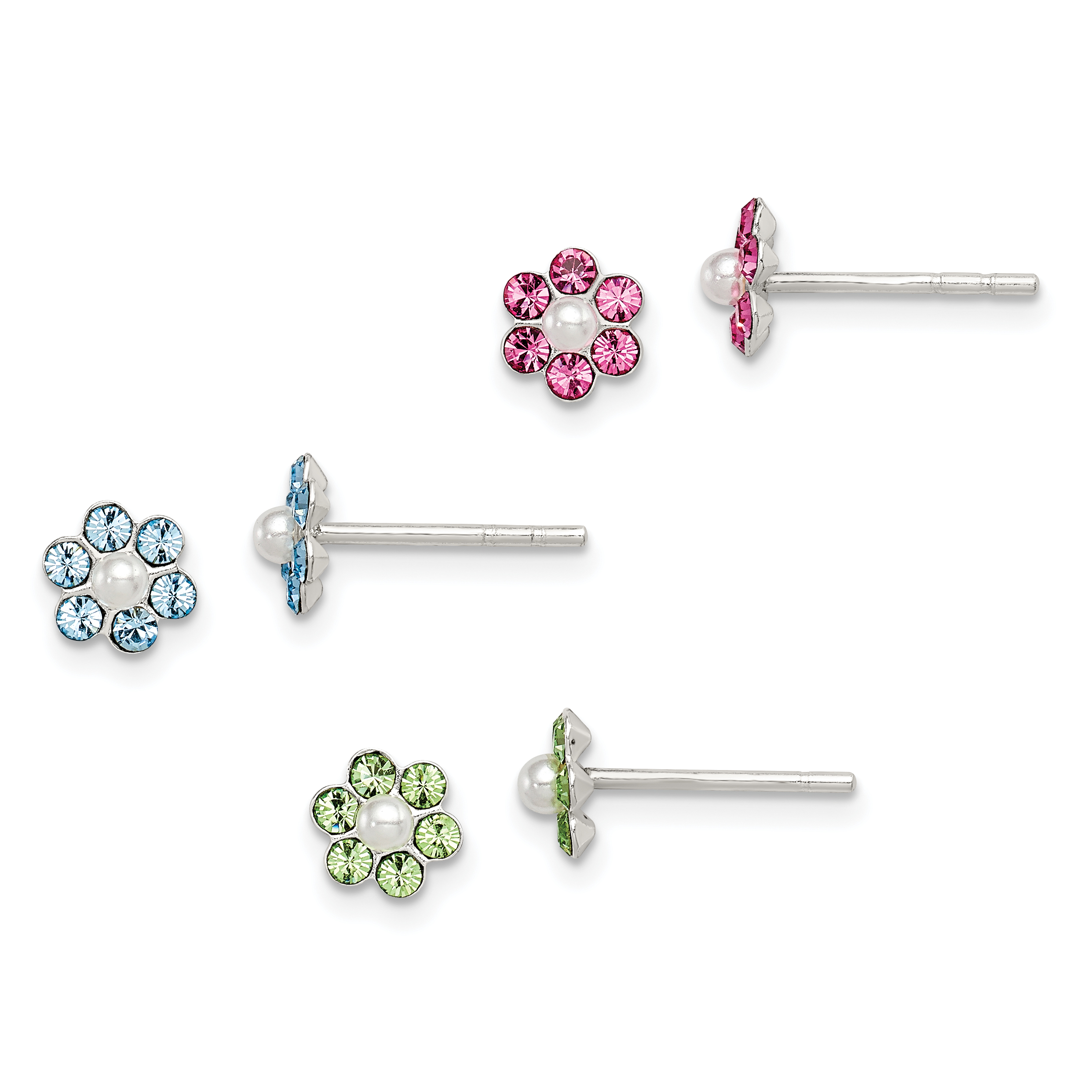 Sterling Silver Polished Children's Stellux Crystal & Imitation Pearl Flower Post Earring Set (QE9578SET)