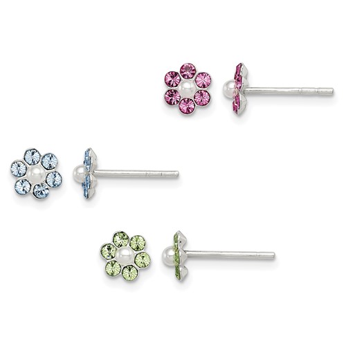 Sterling Silver Polished Stellux Crystal & Imitation Pearl Flower Post Earring Set