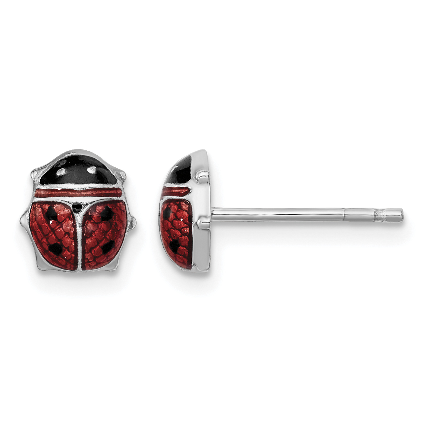 Sterling Silver Rhodium Polished Enameled Lady Bug Post Earrings (QE9590)