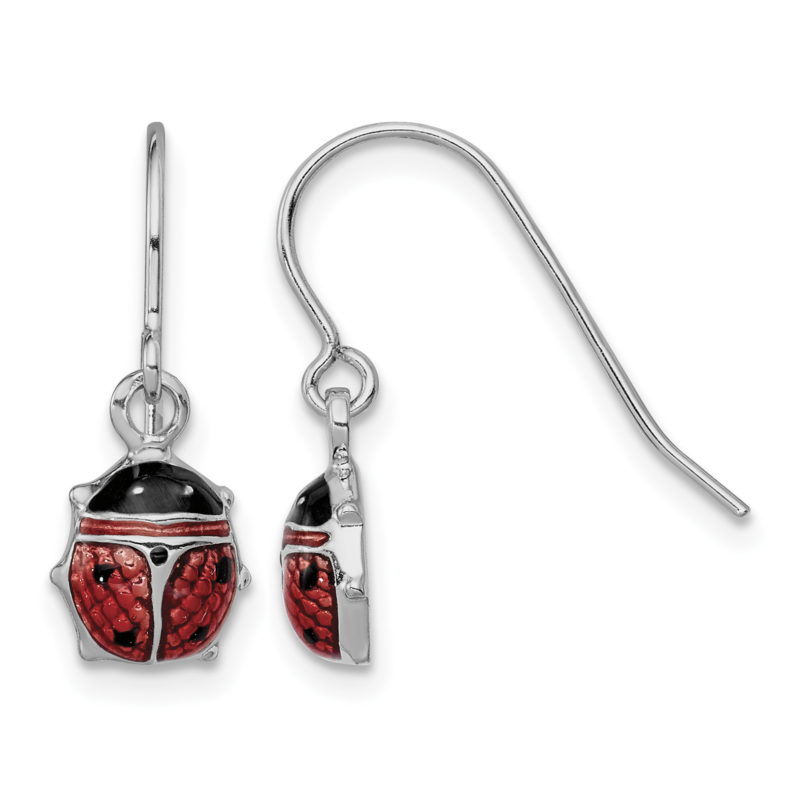 Sterling Silver Rhodium Enameled Ladybug Dangle Earrings (QE9591)