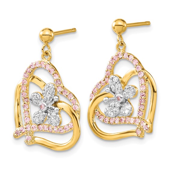 Sterling Silver & Flash Gold-plated Pink & Clear CZ Butterfly Heart Post Dangle Earrings