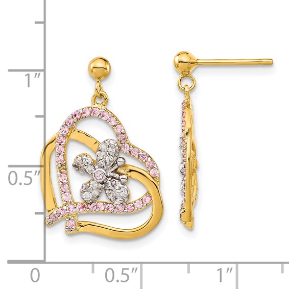 Sterling Silver & Flash Gold-plated Pink & Clear CZ Butterfly Heart Post Dangle Earrings