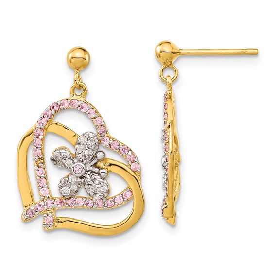 Sterling Silver & Flash Gold-plated Pink & Clear CZ Butterfly Heart Post Dangle Earrings