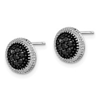 Sterling Silver RH-plated Polished & Textured Black CZ Round Post Earrings view 2