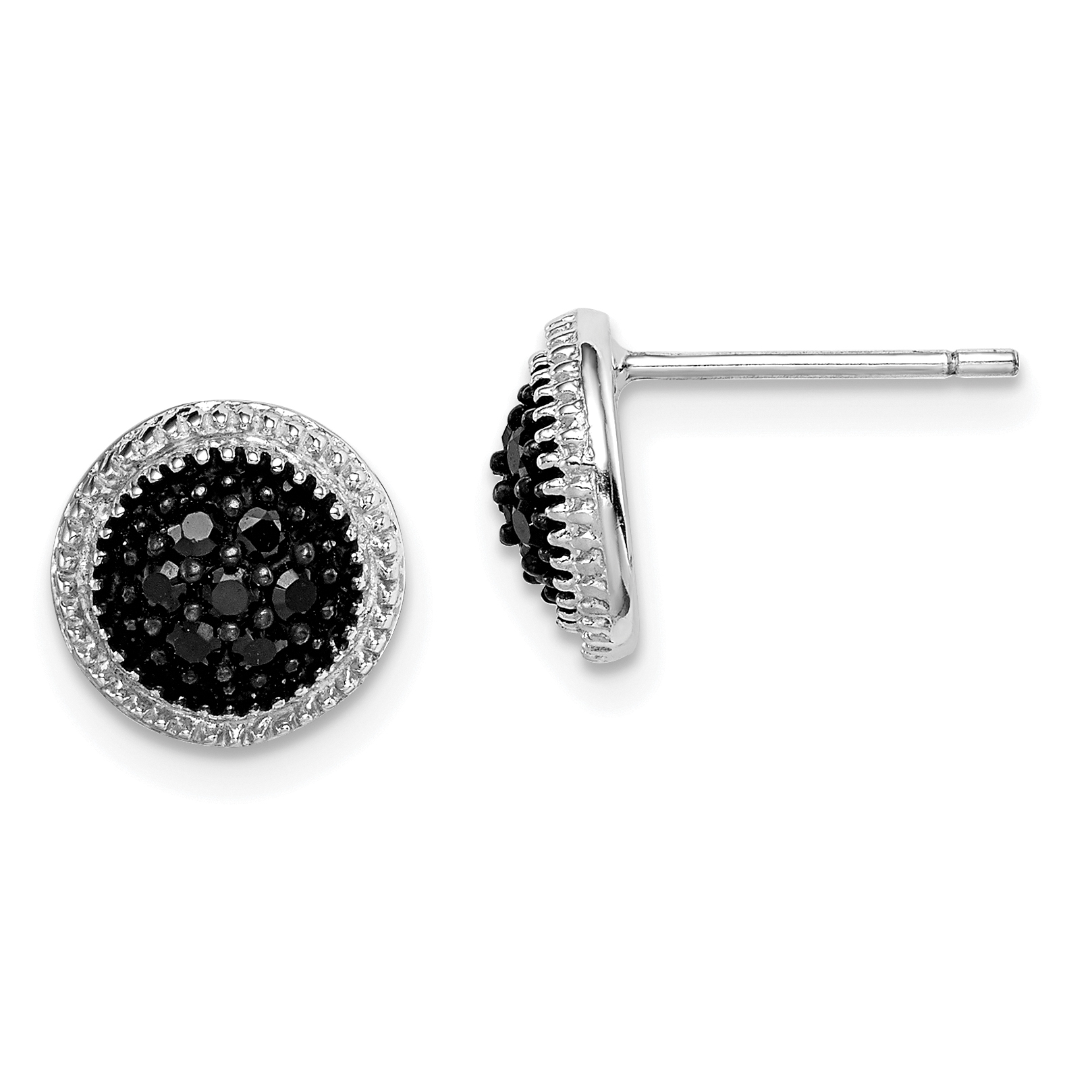Sterling Silver RH-plated Polished & Textured Black CZ Round Post Earrings (QE9607)