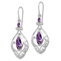 Sterling Silver Rhodium Plated Amethyst Fancy Dangle Earrings view 2