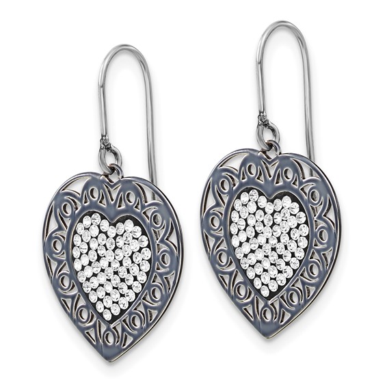 Sterling Silver & Black Ceramic Crystal Heart Dangle Earrings