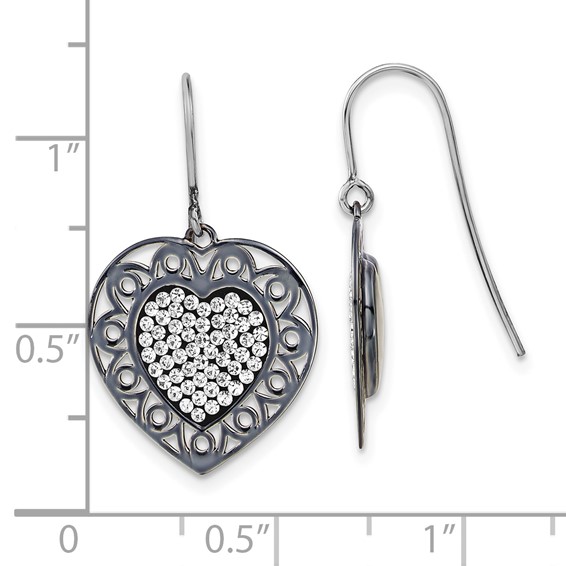 Sterling Silver & Black Ceramic Crystal Heart Dangle Earrings