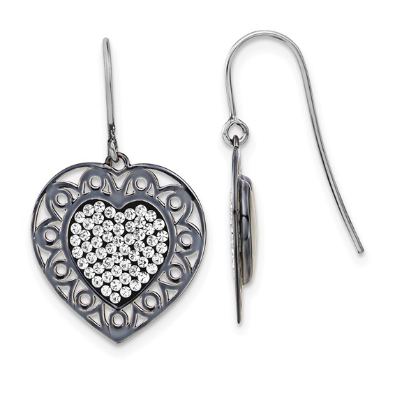 Sterling Silver & Black Ceramic Crystal Heart Dangle Earrings