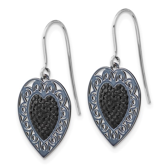 Sterling Silver Black Ceramic Black Crystal Heart Dangle Earrings
