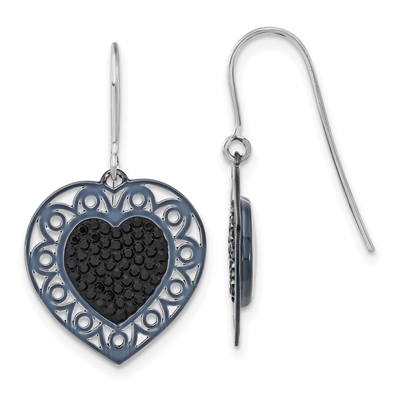 Sterling Silver Black Ceramic Black Crystal Heart Dangle Earrings