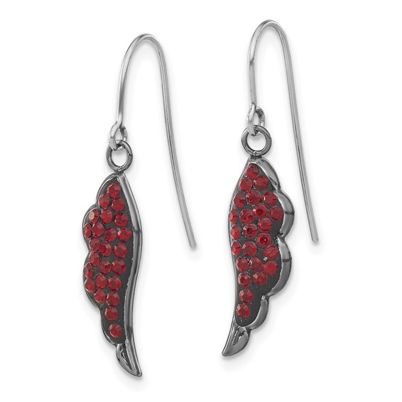 Sterling Silver Black Ceramic Red Crystal Wing Dangle Earrings