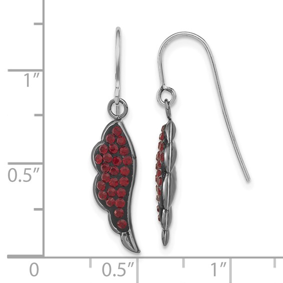 Sterling Silver Black Ceramic Red Crystal Wing Dangle Earrings