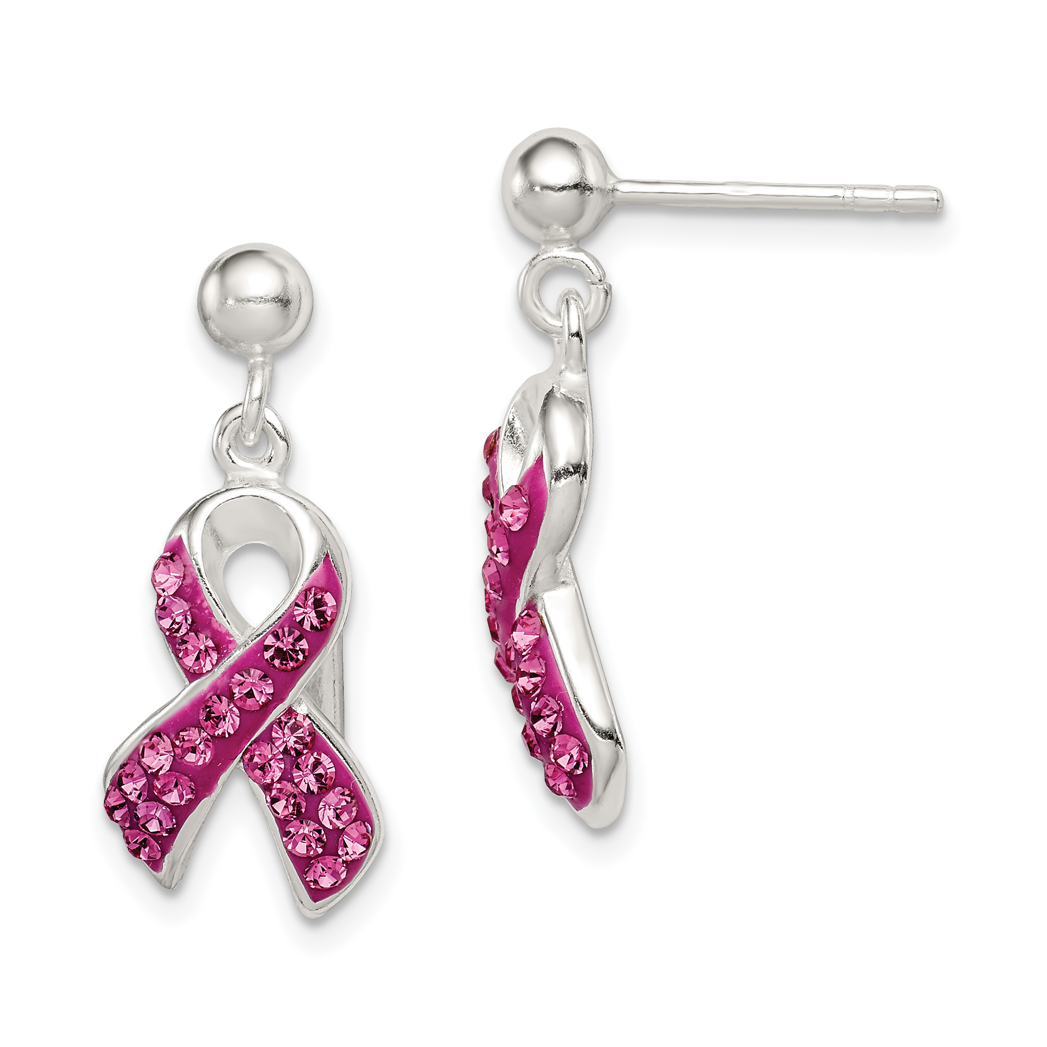 Sterling Silver Stellux Crystal Pink Awareness Ribbon Earrings (QE9653)