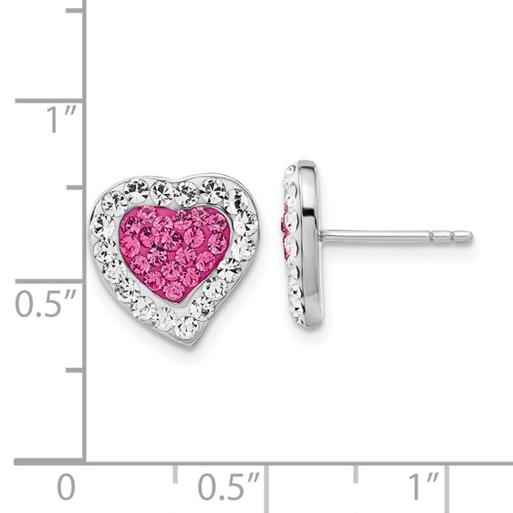 Sterling Silver Rhodium-plated Pink & Clear Stellux Crystal Heart Post Earrings