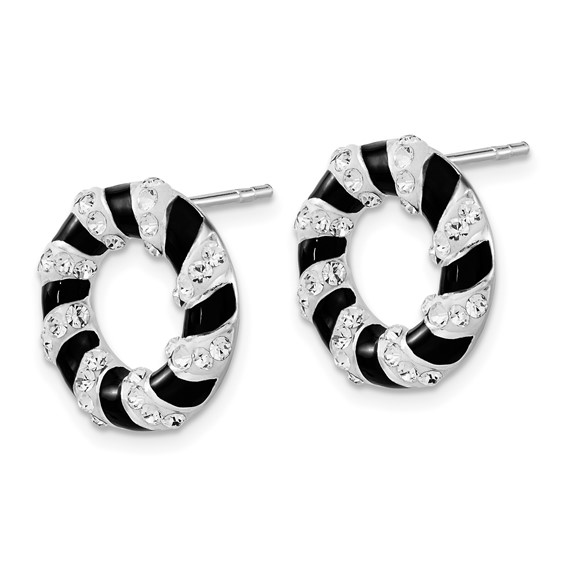 Sterling Silver Stellux Crystal & Black Enamel Open Circle Post Earrings