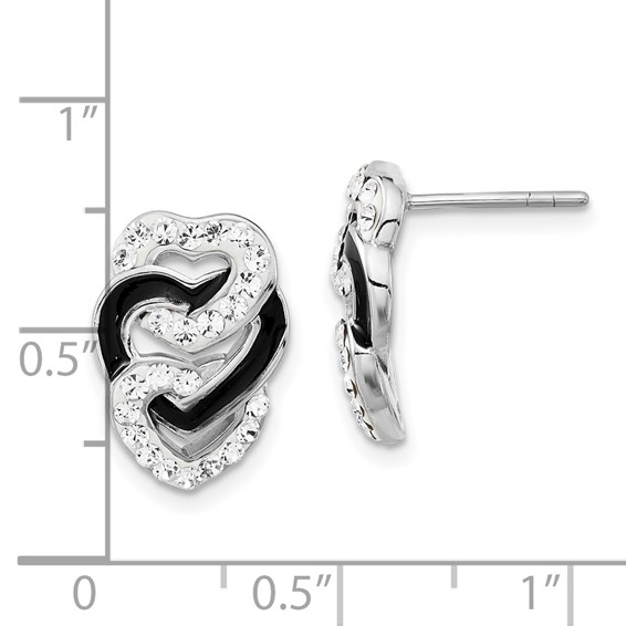 Sterling Silver Rhodium-plated Black Enamel & Stellux Crystal Tri Heart Post Earrings