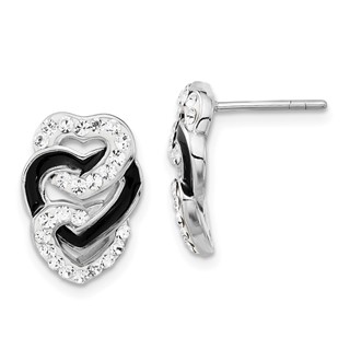 Sterling Silver Rhodium-plated Black Enamel & Stellux Crystal Tri Heart Post Earrings