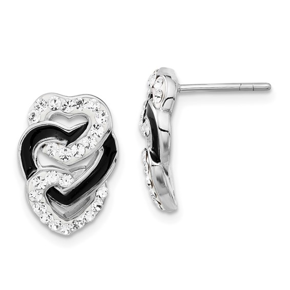Sterling Silver Rhodium-plated Black Enamel & Stellux Crystal Tri Heart Post Earrings