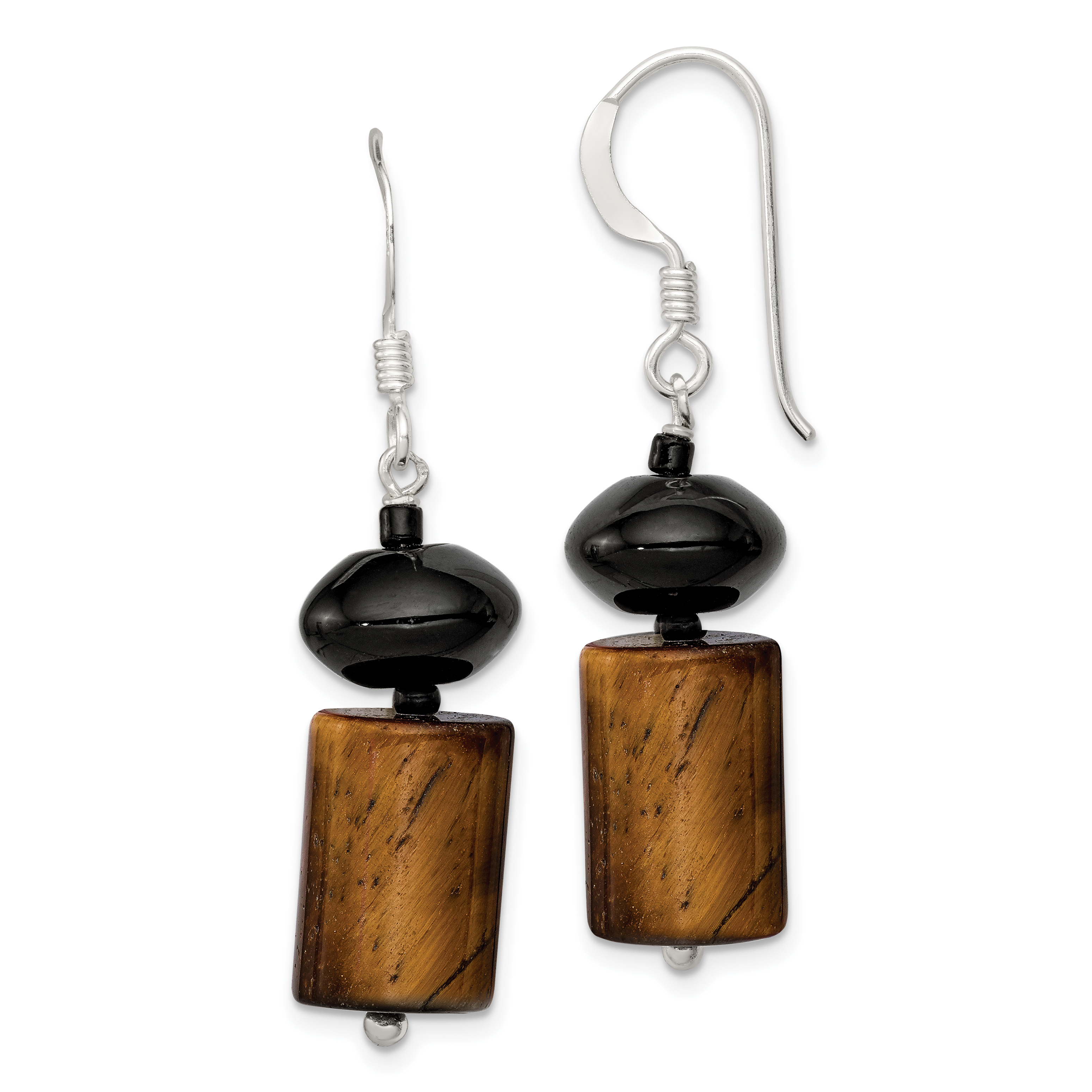 Sterling Silver Black Agate / Black Glass Bead / Tiger's Eye Dangle Earring (QE9705)