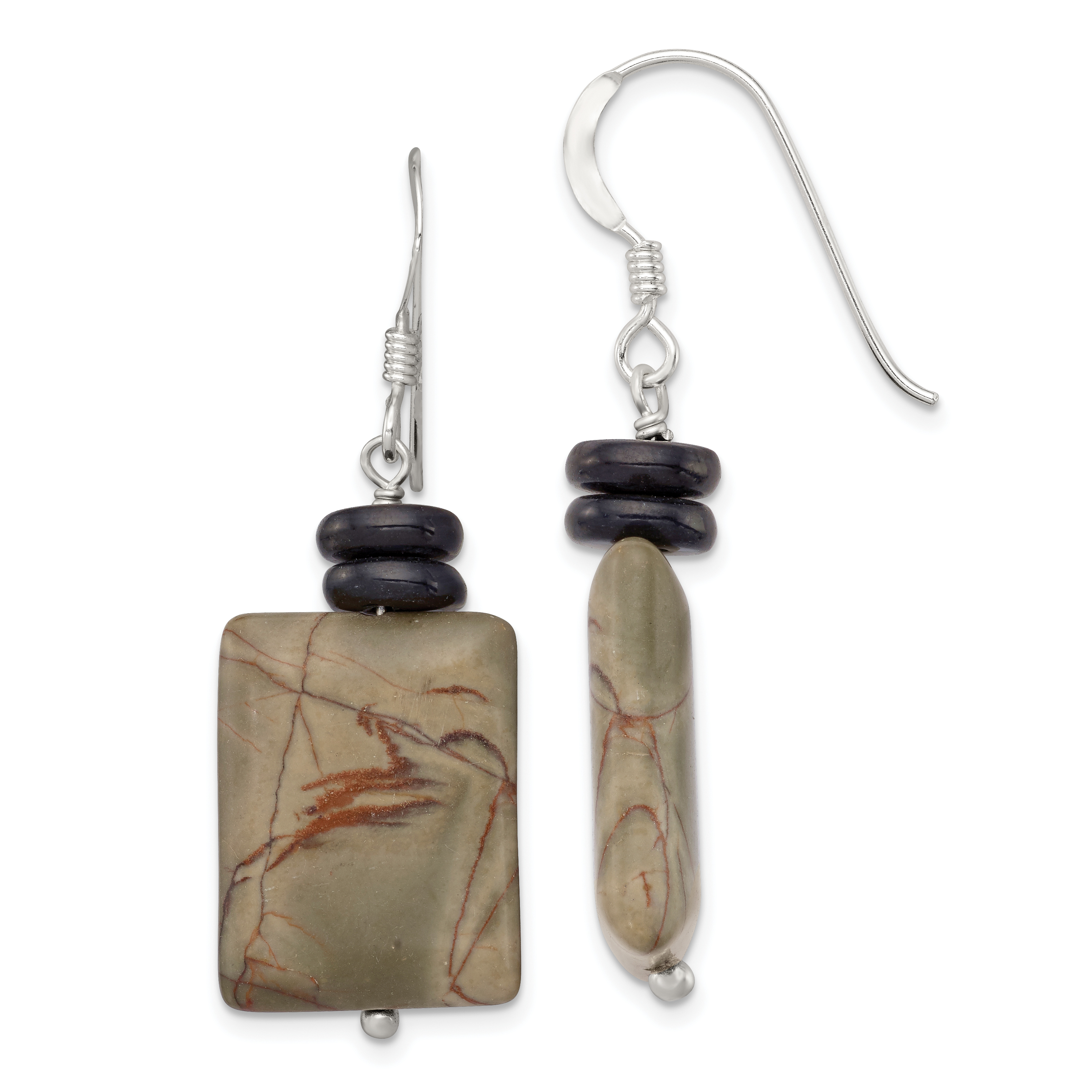 Sterling Silver Polished Black Mother of Pearl & Picasso Jasper Dangle Earrings (QE9706)
