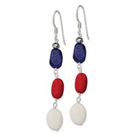 Sterling Silver Polished Red Coral Crystal White Jade Lapis Dangle Earrings view 2