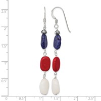 Sterling Silver Polished Red Coral Crystal White Jade Lapis Dangle Earrings view 4
