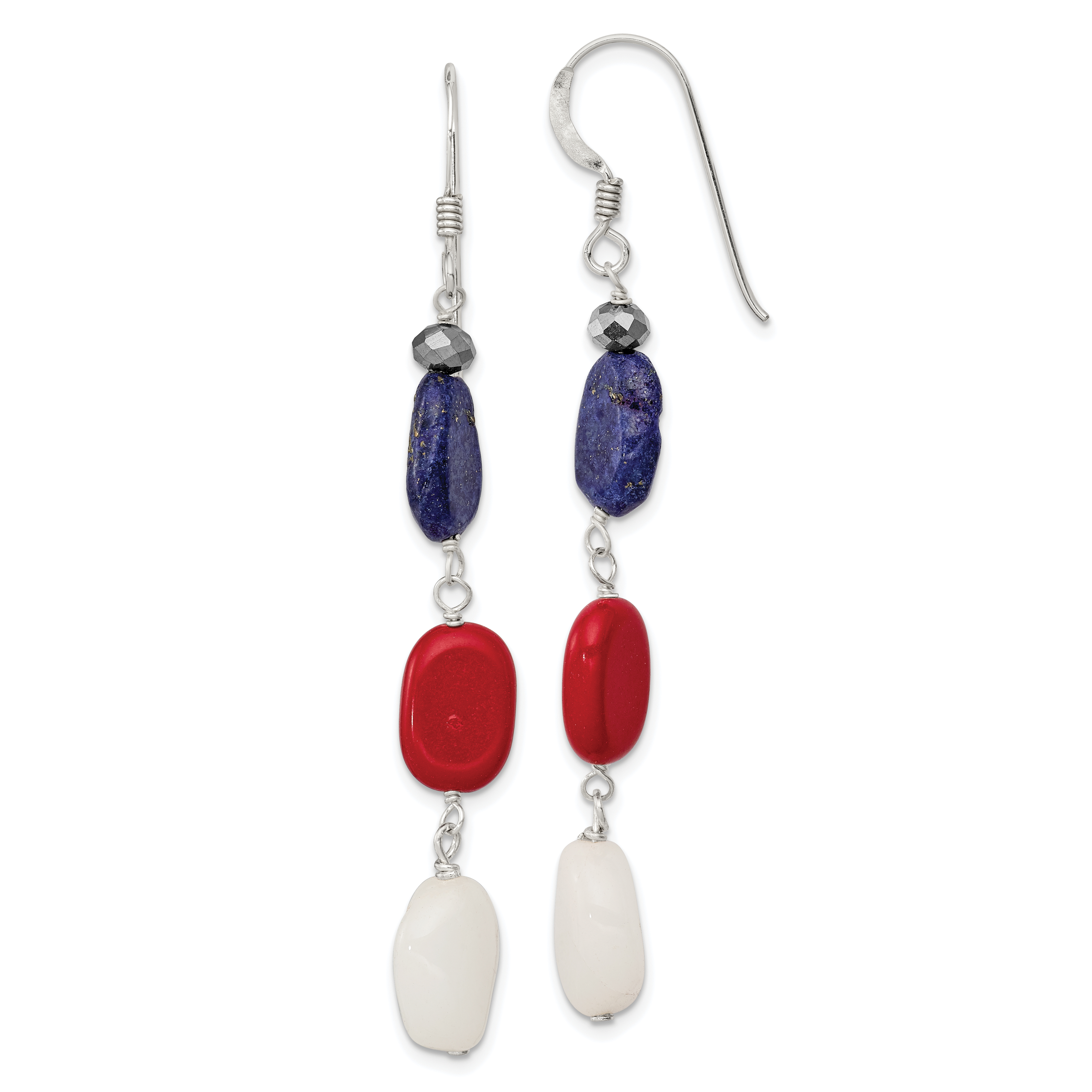 Sterling Silver Polished Red Coral/Crystal/White Jade/Lapis Dangle Earrings (QE9719)