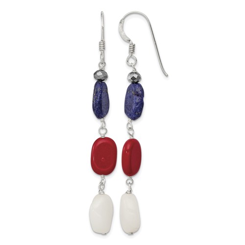 Sterling Silver Polished Red Coral Crystal White Jade Lapis Dangle Earrings
