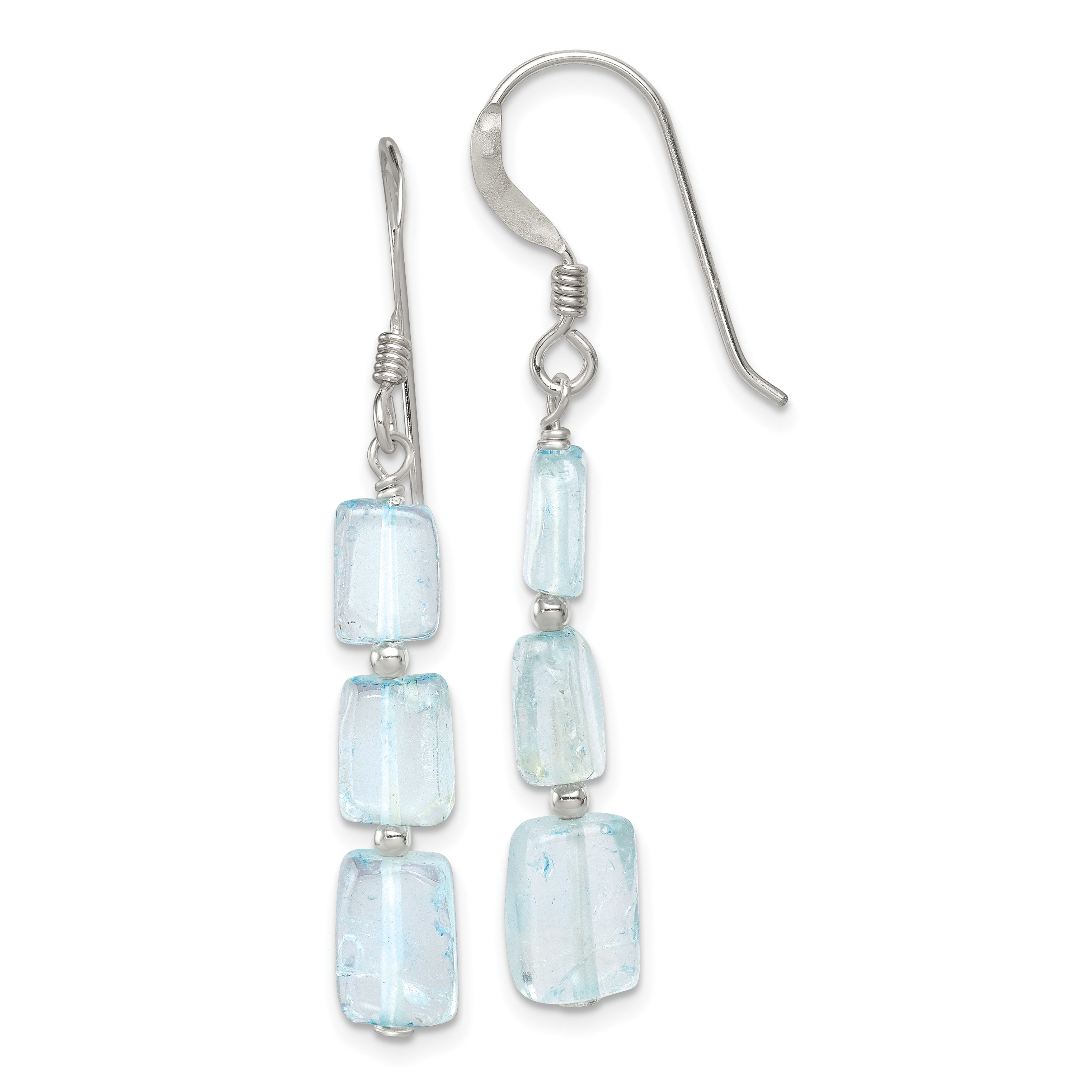 Sterling Silver Polished Rectangular Light Blue Quartz Dangle Earrings (QE9725)