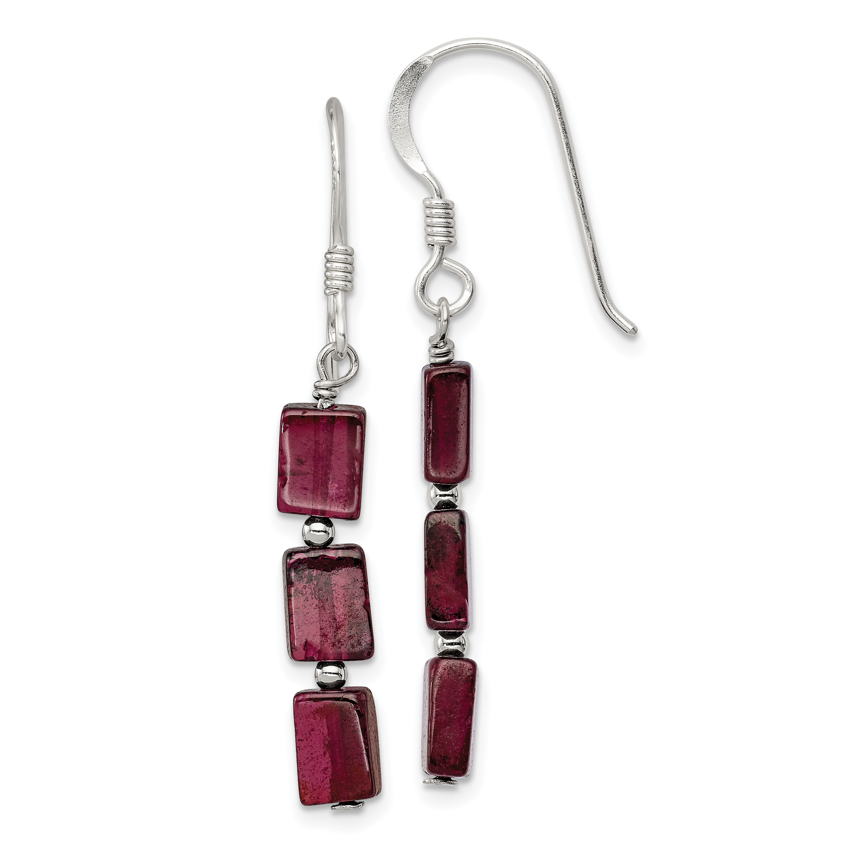 Sterling Silver Polished Triple Rectangle Garnet Dangle Earrings (QE9744)