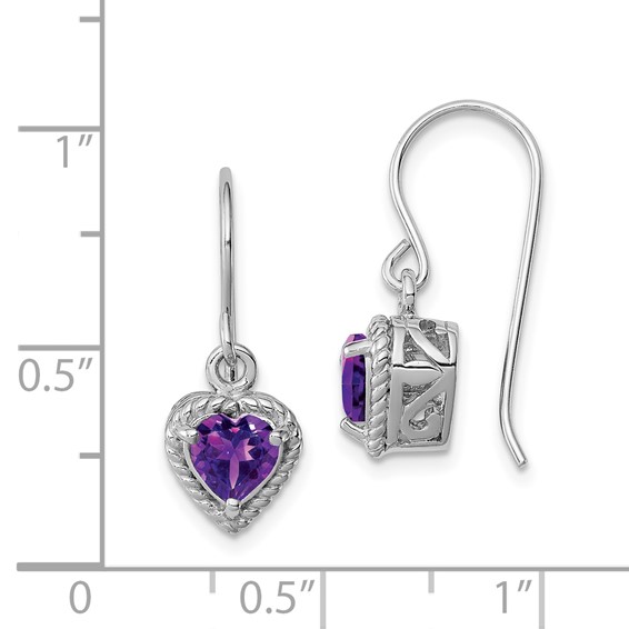 Sterling Silver Rhodium Plated Amethyst Small Heart Earrings