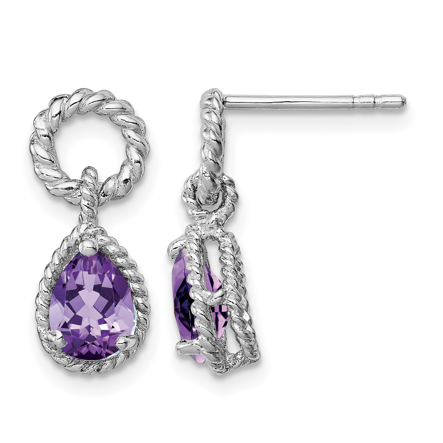 Sterling Silver Rhodium Plated Amethyst Pear Twisted Earrings (QE9796AM)