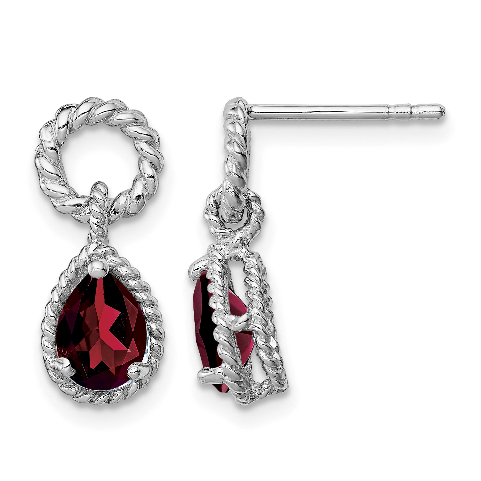 Sterling Silver Rhodium Plated Garnet Twisted Circle Post Earrings (QE9796GA)