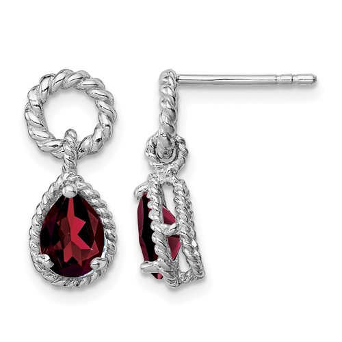 Sterling Silver Rhodium Plated Garnet Twisted Circle Post Earrings