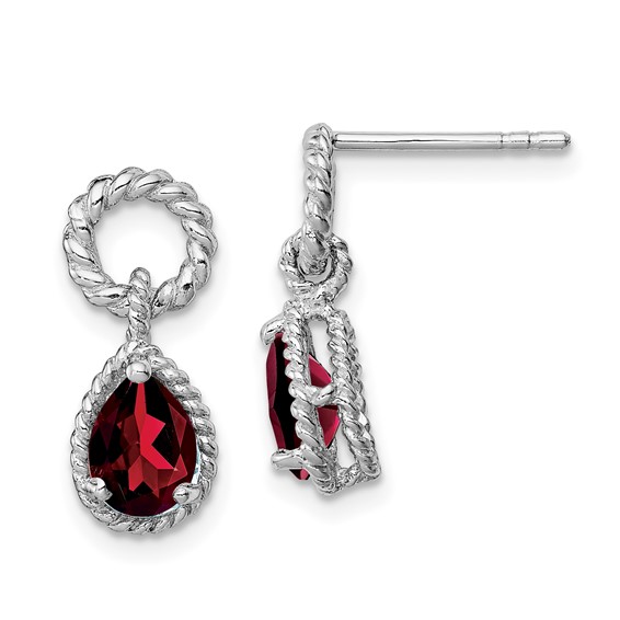 Sterling Silver Rhodium Plated Garnet Twisted Circle Post Earrings