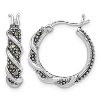 Sterling Silver Rhodium-plated Antiqued Swirl Hoop Marcasite Earrings view 1
